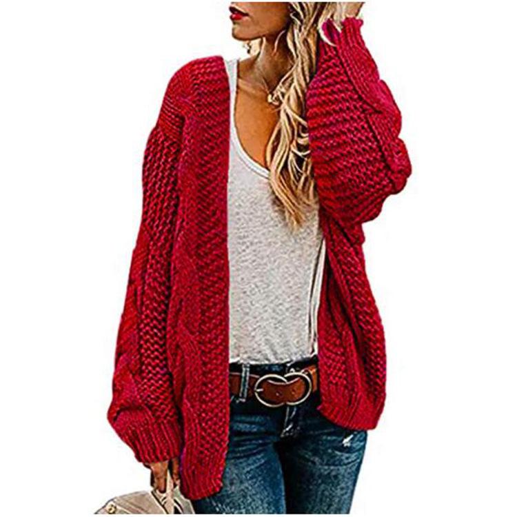 

2025 Spring/Autumn Women s Mid-Length Chunky Cable Knit Cardigan - Solid Color, Casual & Loose Fit S