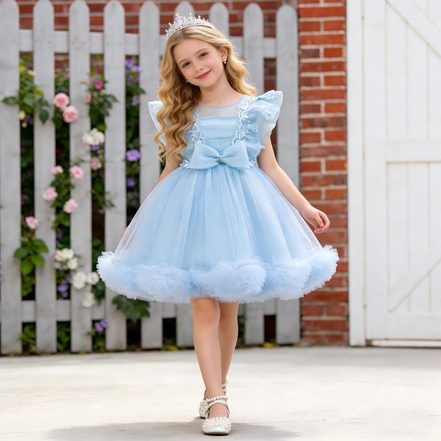 New Kids Net Lace Princess Dress with Frills, Large Size Girls' Birthday Outfit