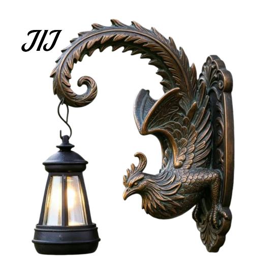 Solar Powered Porch Lanterns Phoenix Wall Lights, Resin Sculpture Outdoor Light, Bronze Finish Yard Decor Waterproof Landscape Lamp for Garden