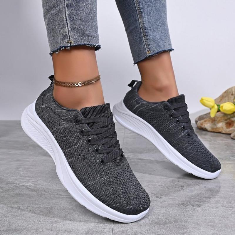 Women's Sneakers Round Toe Lace Up Chunky Platform Shoes Knit Fabric Casual Daily Athletic Footwear Thick Sole Pull Tab Design