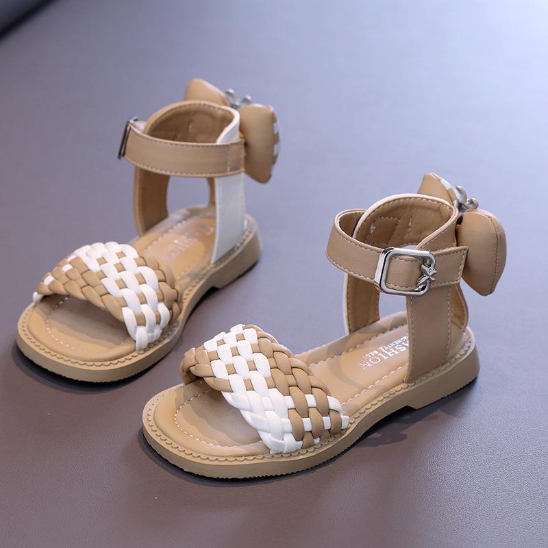 

Kids Sandals Weave Back Big Bow Girls Princess Shoes Hook&loop Mixed Color 2025 New Children Beach Shoes Non-slip Soft Sole 26 бежевый