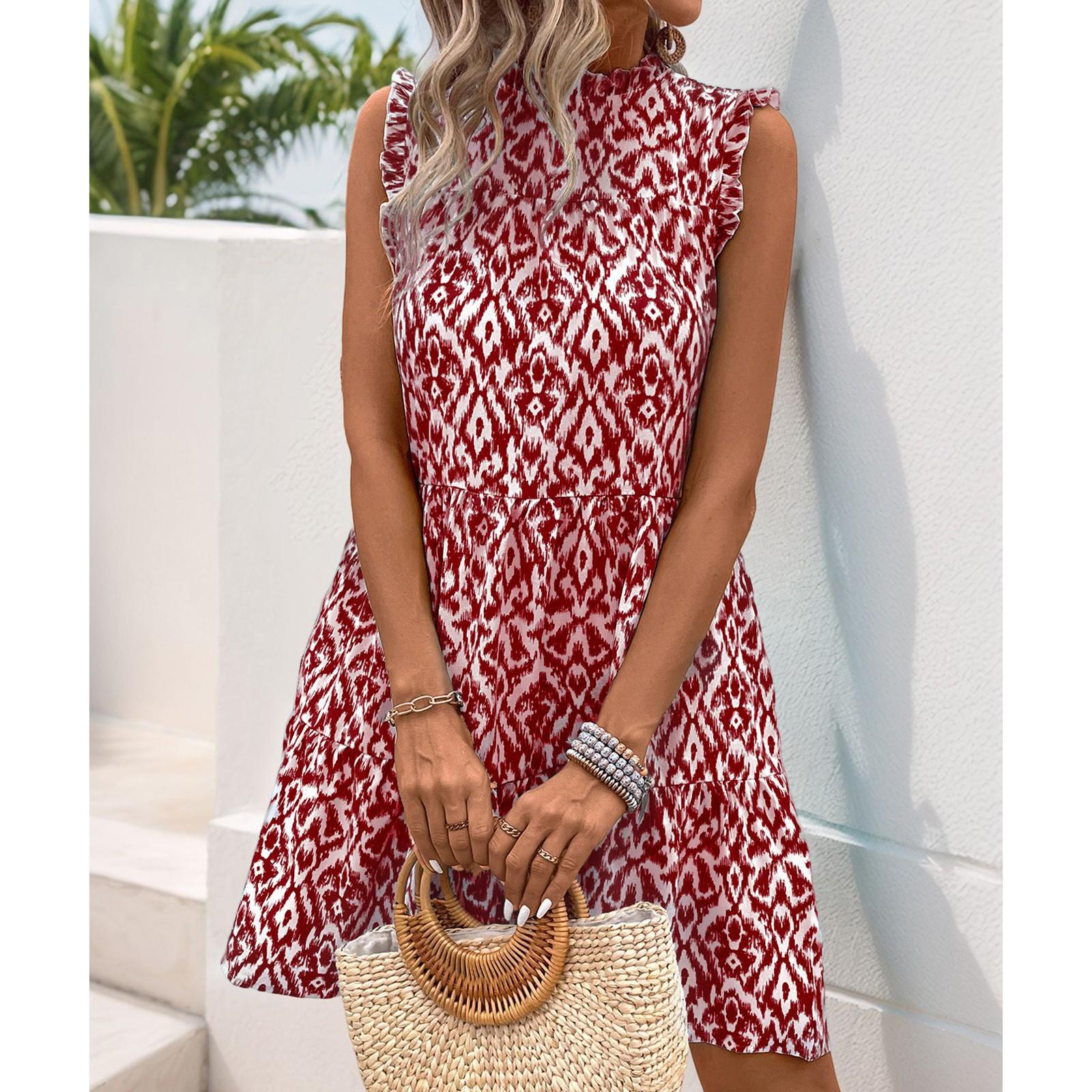 

Женское повседневное и модное платье без рукавов с кружевным воротником и принтом XL винный