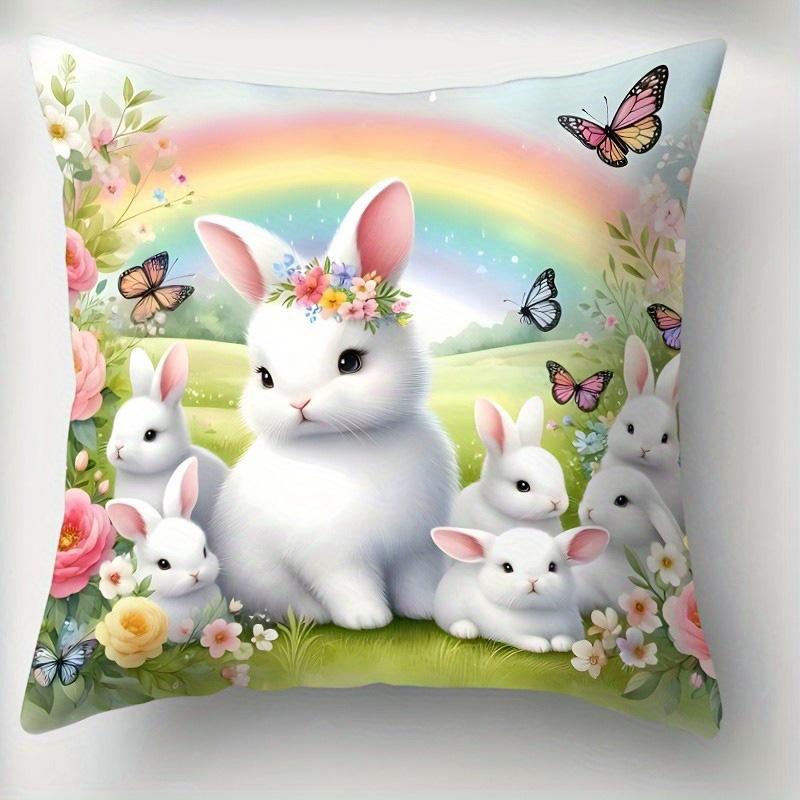 Home Decoration Bunny And Lamb Pattern With Flower And Rainbow Pattern Cushion Cover For Sofa, Bedroom, Car, Pillow Cover