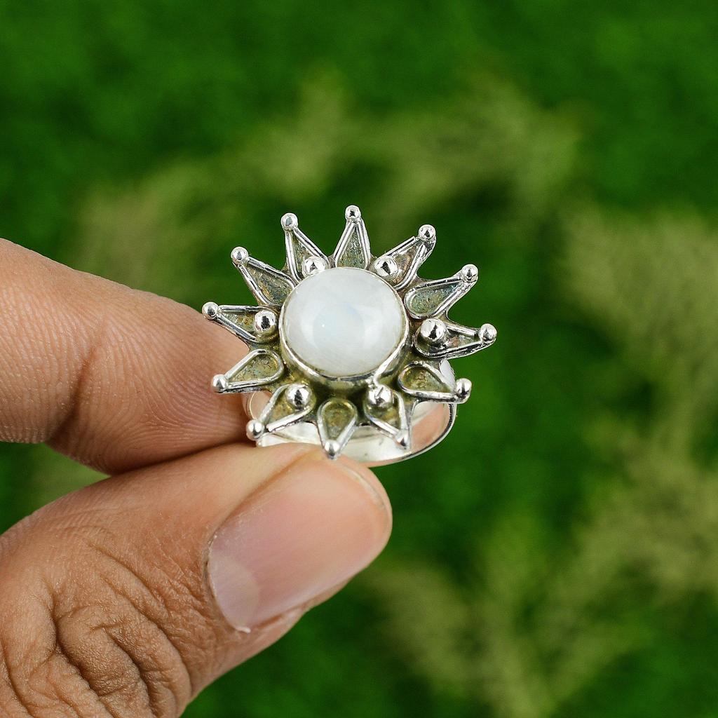 Womens day Deal Rainbow Moonstone Stone Promise Flower Ring Jewelry 925 Silver
