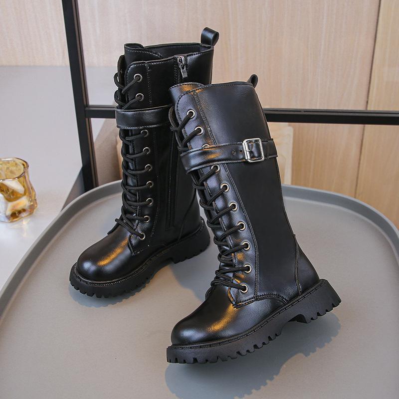 

Autumn Children Knee Length Boots British Girls Princess Boots Kids Zipper Comfortable Non Slip Solid Color Long Boots 27 чорний