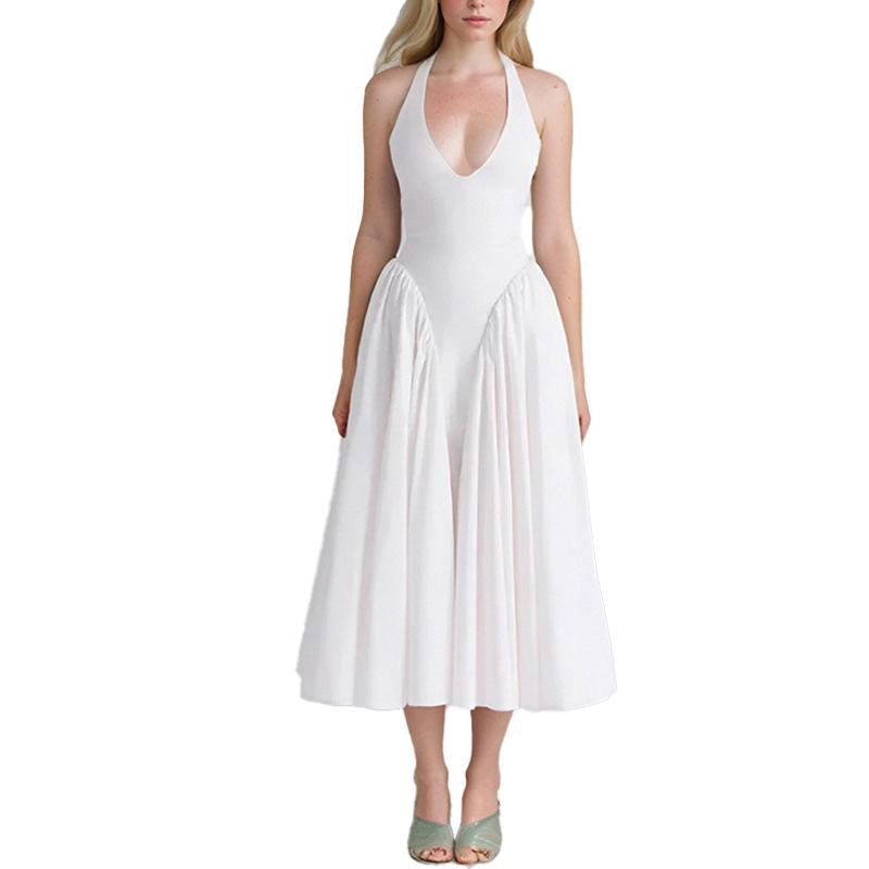 2026 Spring Women's Solid Color V-neck Halter High-waist Dress: Elegant & Sexy European/American Style
