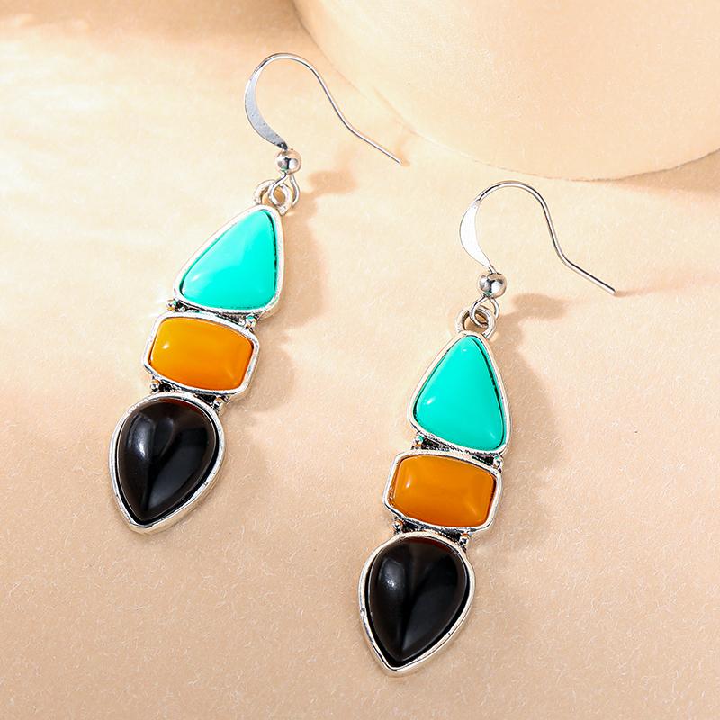 Vintage Bohemian Geometric Irregular Faux Stone Resin Women's Dangle Earrings Tibetan Statement Hook Wedding Party Jewelry