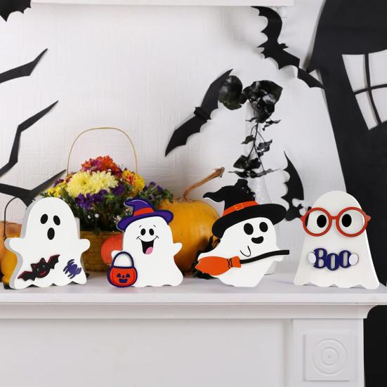 Cute Wooden Ghost Signs Halloween Indoor Tiered Tray Decor Ghost Theme Tabletop Centerpiece for Party Home Kitchen Shelf Decor