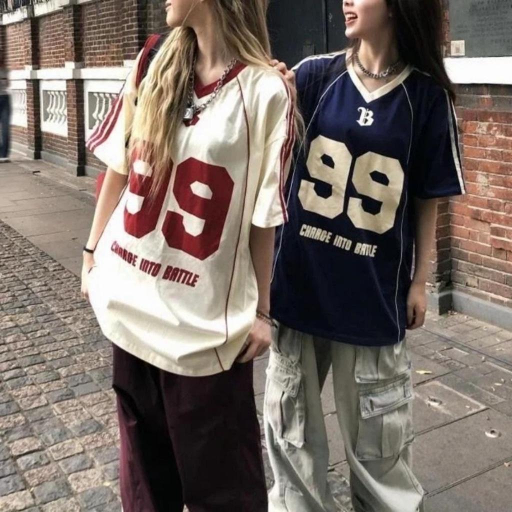 2KWEIRD Y2K American Retro Splicing Contrasting Color Loose Sports Top Street V Neck T Shirt Hip Hop Summer Goth Trend Design Couple