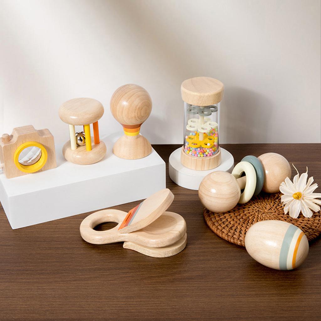 7-Piece Wooden Baby Toy Set, Inspiring Musical Instruments For Infant Baby Toys, Toddler Hand Wooden Rattle Toy Set For Baby To Grasp With Storage Bag