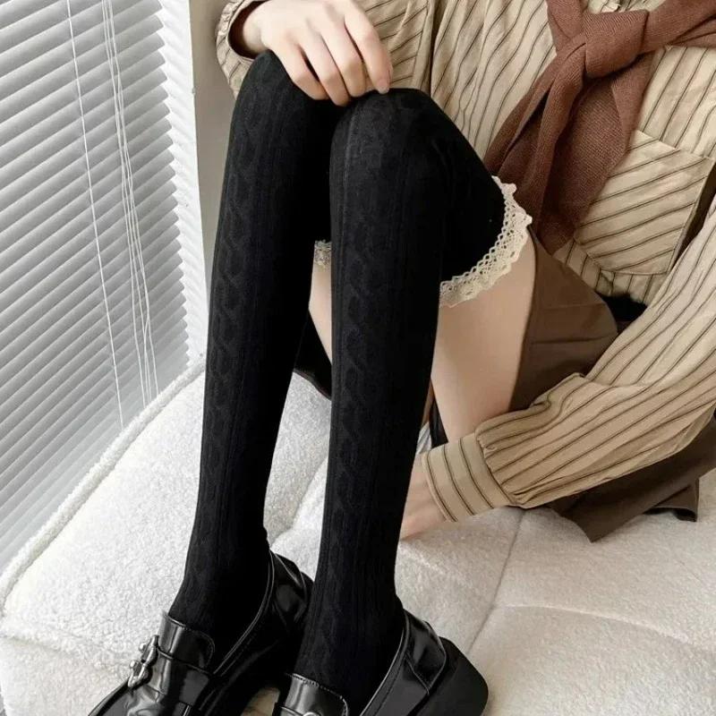 JK Lace Socks Lolita Lace Stockings Women Knitted Pattern Girls Cute Elegant Solid Color Winter Warmer Floor Hosiery