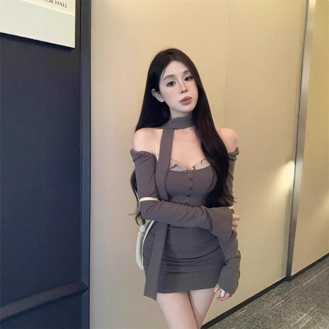 

Gray Fake Two-piece Long-sleeved Dress for Women In Autumn Pure Sexy Retro Hot Girl Design Waistband Short Skirt XL