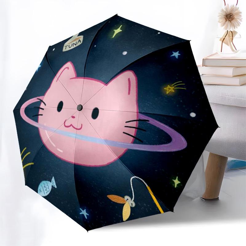 1pc Space Cat with Rings and Stars Umbrella with Plastic Handle,Suitable for All Seasons Home Travel Outdoor Umbrellaptys31081