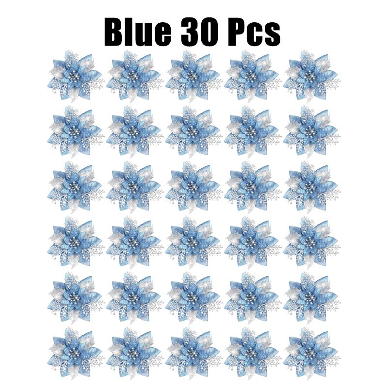 10/30/50PCS Glitter Christmas Flowers Fake Flower Tree Decorations 2026 Home Tree Pendant Ornaments Navidad New Year Gift