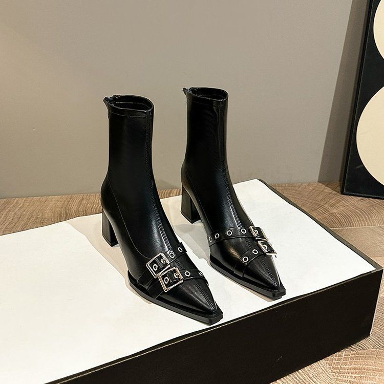 Pointed Short Boots Women's Belt Buckle Thin Boots 2025 Autumn and Winter New European and American Style High Heel Rear Zipper Martin Boots Thick Hee