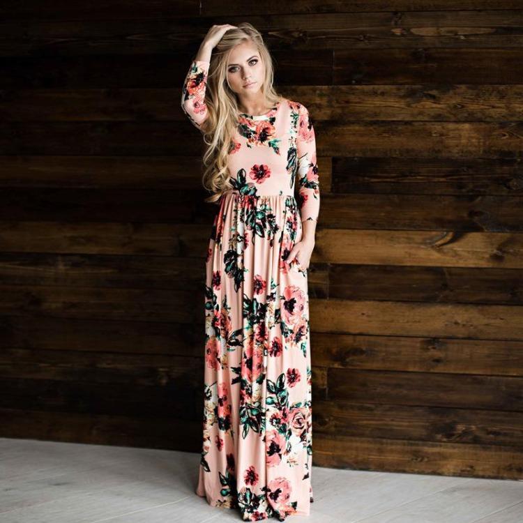 Kwiatowy Print Damska Letnia Sukienka Maxi Boho Plażowa Długa Sukienka Wieczorowa Tunika