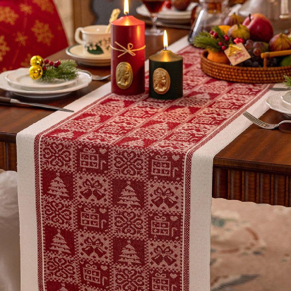 Household Rectangle Christmas Table Runner Thickened Christmas Tree Printed Elks Tablecloth Long Red Table Cover Coffee Table