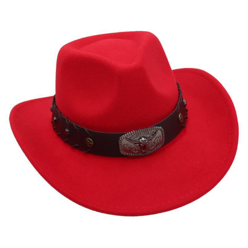 Gekreuztes Stierkopf-Abzeichen Zylinderhut Westlicher Cowboyhut Britischer Jazzhut Nationaler Stil Filzhut Ritterhut Elegant