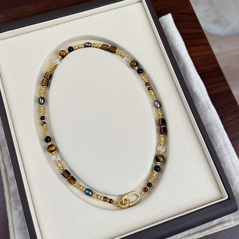 

Freshwater Pearl Broken Gold Metal Buckle Necklace Women S Autumn And Winter Maillard Tiger S Eye Stone Beaded Splicing Long Sweater Chain