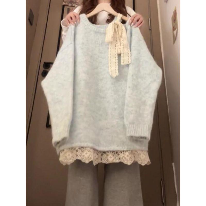 

Корейская серия Высококачественное кружево Кружевная шнуровка Бант Синий свитер Женский Осень и Зима Ленивый с открытыми плечами Внутренняя одежда Можно носить как верх Sea salt Blue XL