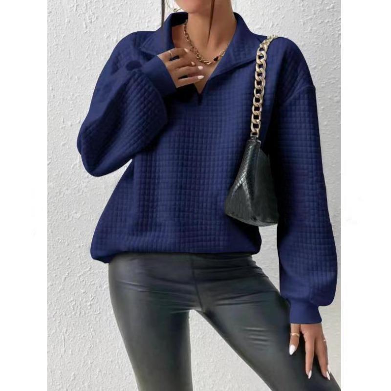 Mikina pulovr se čtvrtinovým zipem s vaflovou mřížkou, ležérní mikina s dlouhým rukávem a klopou na podzim a zimu, dámské oblečení