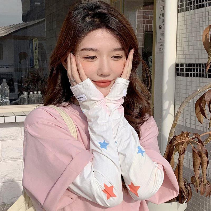 Sports Ice Arm Summer Printed Half Finger Gloves UV Sun Protection Cuff Cover Thin Long Gloves Elastic Sunscreen Sleeves