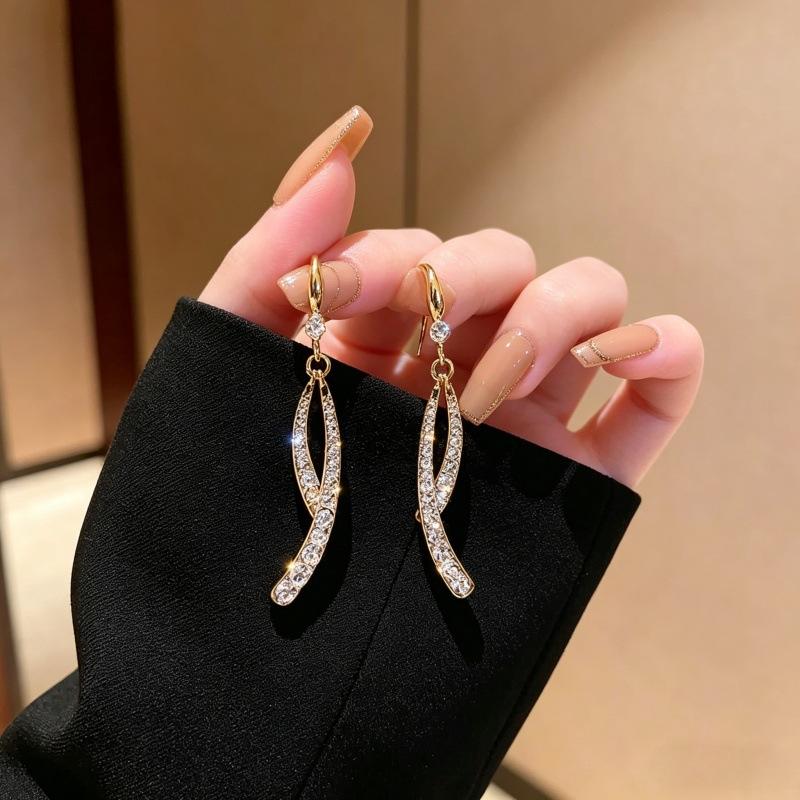 New earrings light luxury design full zirconium cross fishtail earrings fashionable personality cold wind temperament simple ear jewelry