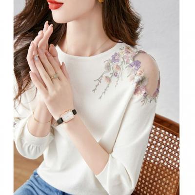 Pull en Tricot Ajouré Manches Trois-Quarts pour Automne Femmes Doux Frais Floral Amincissant Col Rond Pulls & Manches Longues