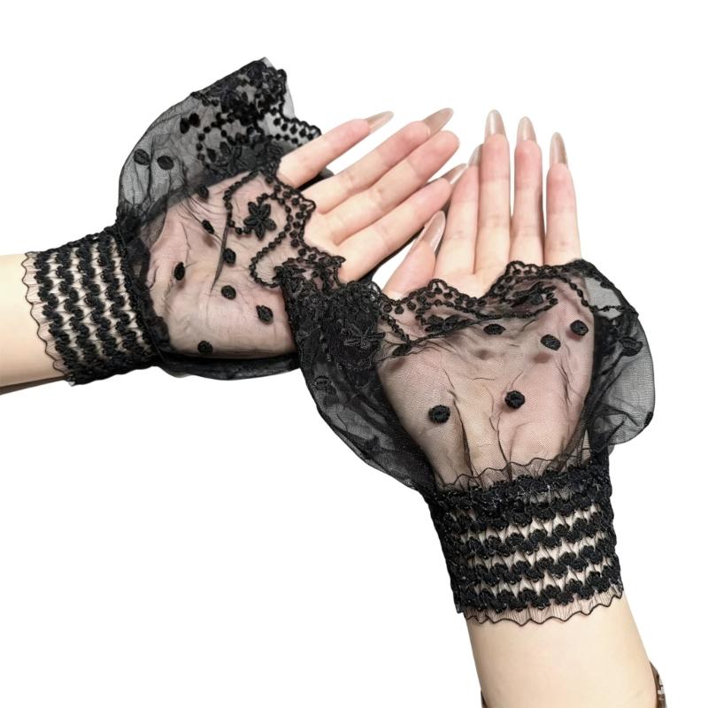 Sheer Embroidered Fingerless Wrist Cuffs Pair for Women, Lace Sleeves with Flared Cuff for Weddings and Photo Styling Use