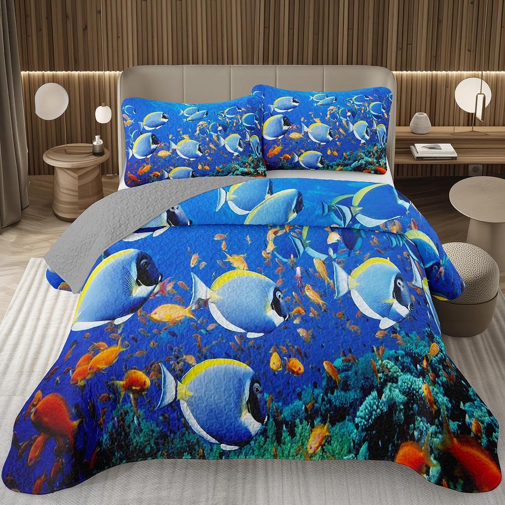 Fish Bedspread Twin Queen Ocean Marine Theme Coverlet Set for Boys Girls Teens Room Soft Lightweight Sea Animal Quilted Bedding