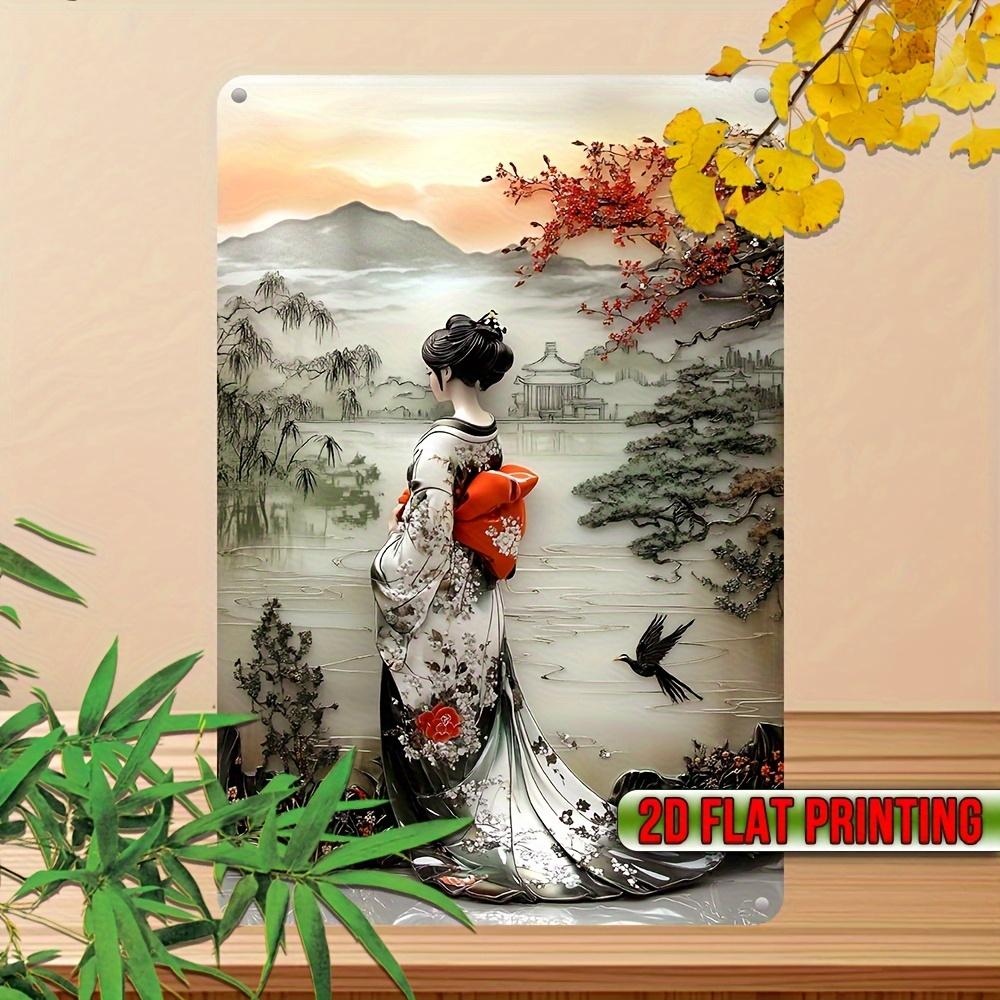 Vintage Japanese Metal Wall Art Sign Elegant Geisha with Red Serene Mountain Landscape Inch Iron Retro Washits