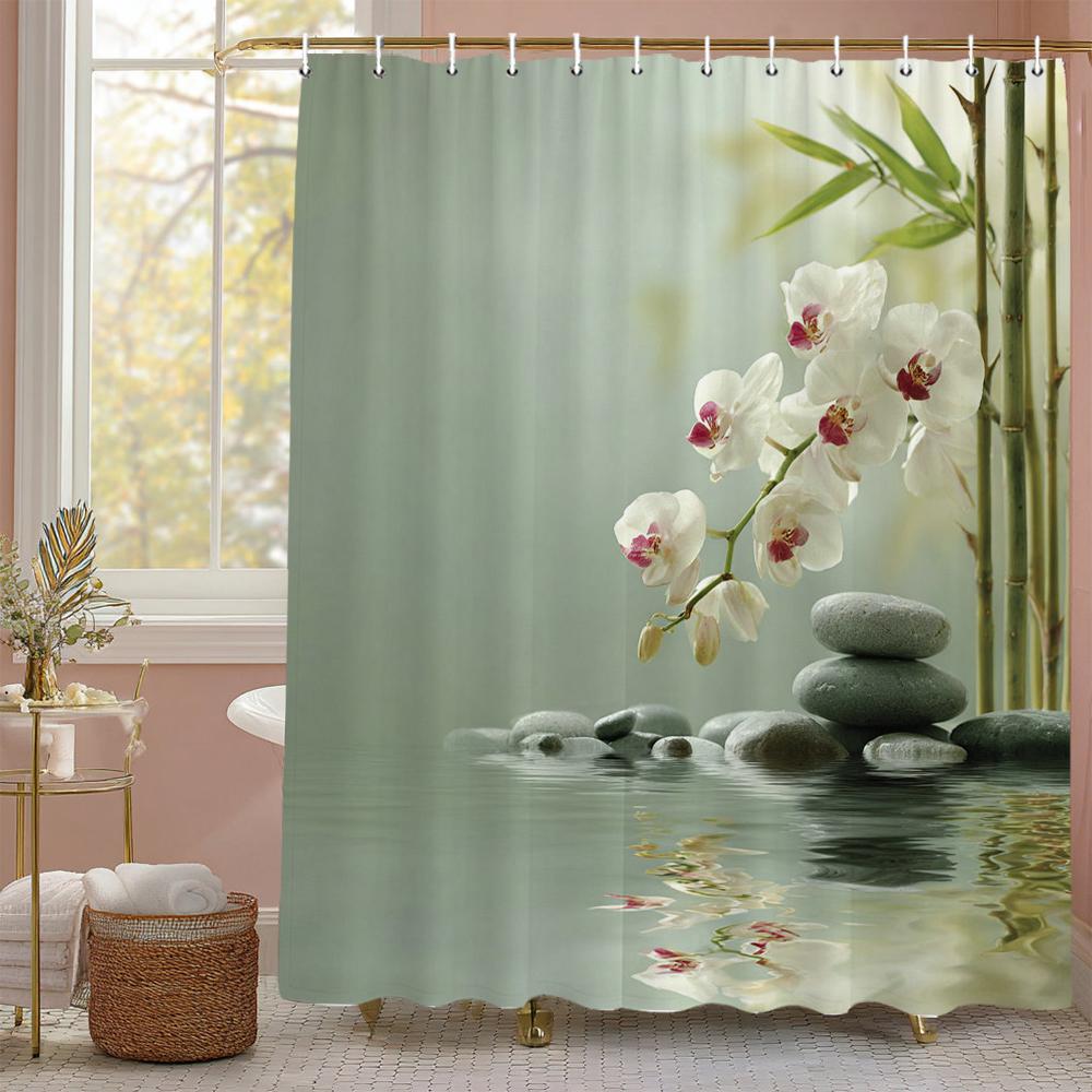 Zen Garden Bamboo Spa Stone Flower Theme Shower Curtain, Bathroom Decorative Shower Curtain, Print polyester Curtain with Hooks