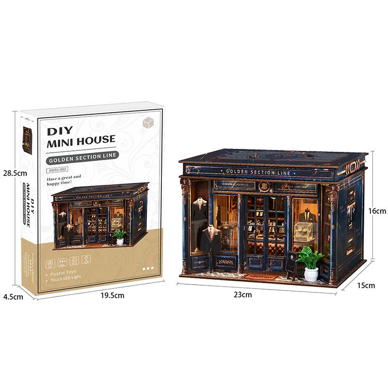 

NEW Retro Golden Section Line DIY Wooden House Figurines Miniature Kits With LED Lights Home Decoration For Adult Handmade Gifts