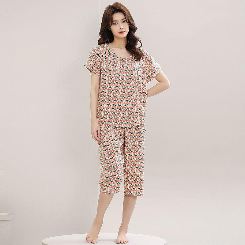 

Женская летняя хлопковая шелковая пижама с короткими рукавами: Домашняя одежда для людей среднего и пожилого возраста, подходящая для отдыха на открытом воздухе 4XL [145-170 lbs]