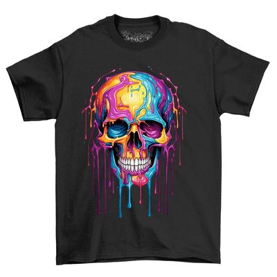 T-shirt con design a gocce di vernice Teschio 3 - Divertente, Colorata e Gocciolante di Stile! UN