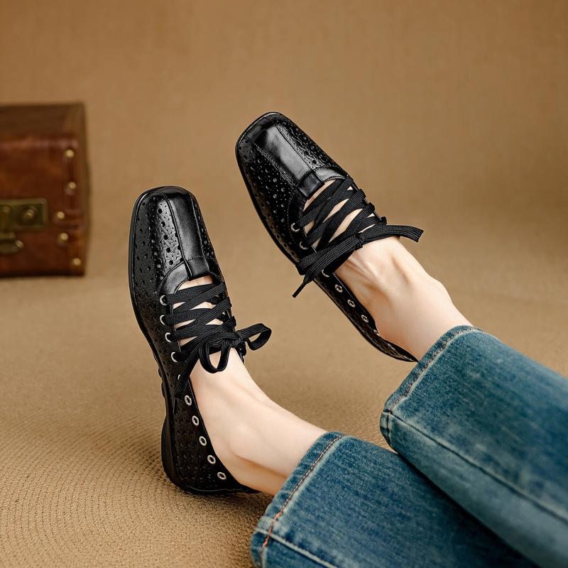 Fashion 2025 New Summer Genuine Leather Woman Loafers Women Shoes Square Toe Fashion Hollow Out Loafers Low Heel Ladies Shoes