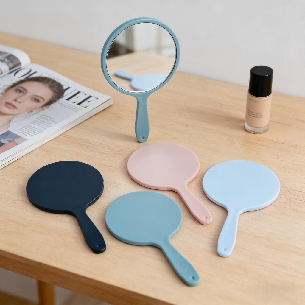 Handheld Round Mini Makeup Mirror with Handle and Customizable Logo