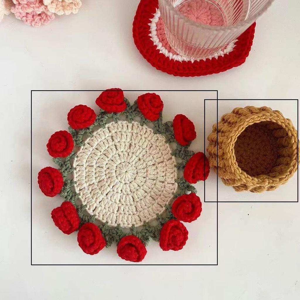 Crochet Flower Coaster Hand-knitted Lily Of The Valley Round Coasters Heat Insulation Non-slip Table Mats Home Kitchen Decor
