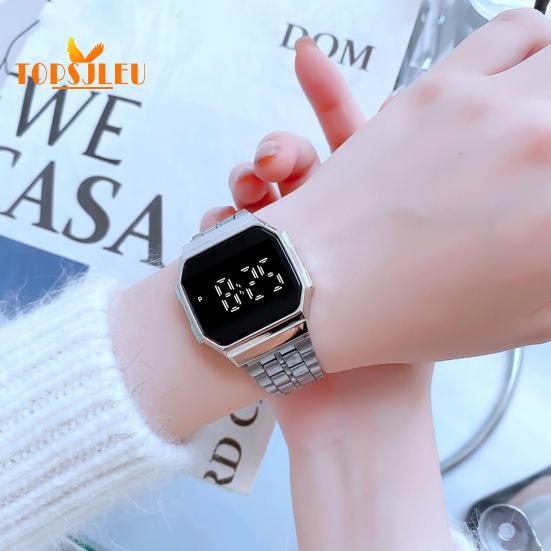 Electronic LED Display Watch: Battery Operated, Touchscreen, Square Steel Band - Perfect for Men, Women, and Students