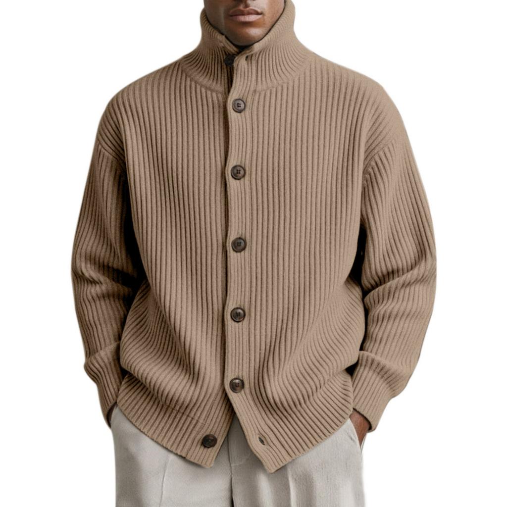 Men's casual and relaxed -color knitted cardigan, men's high-neck, thick-needle, striped long-sleeved button coat