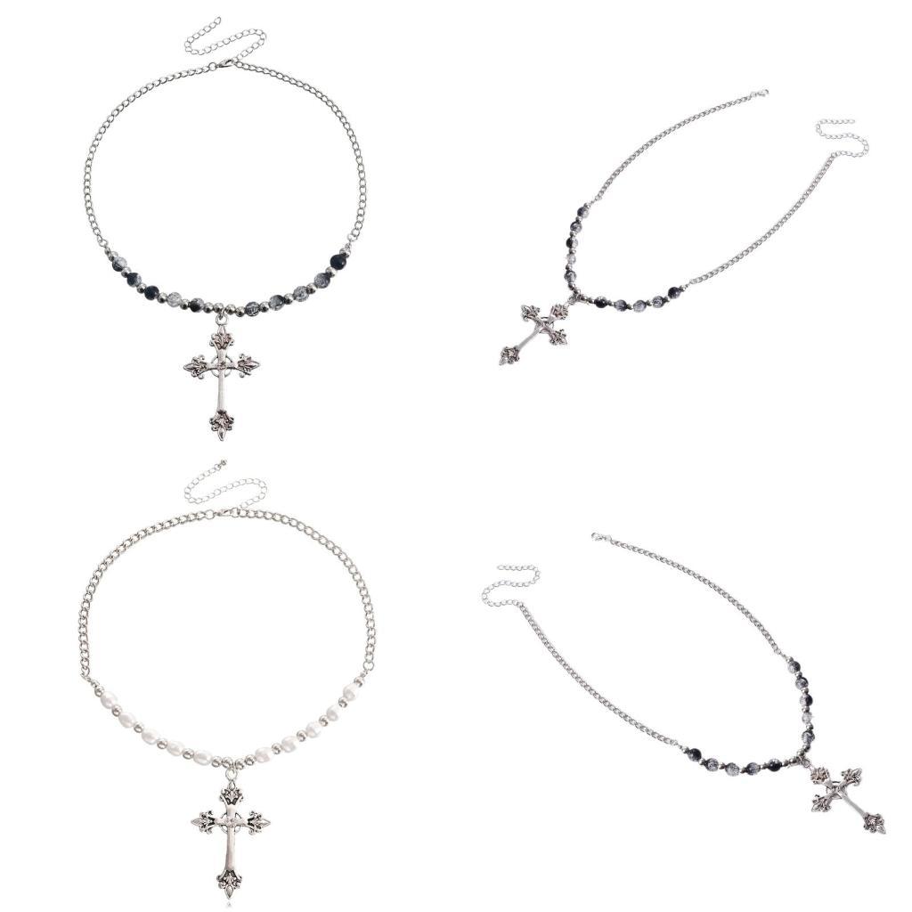 A52E Gothic Bead Necklace Choker Necklace,Gothic Necklace Big Crucifix Pendant Necklace Fashion Jewelry Gift