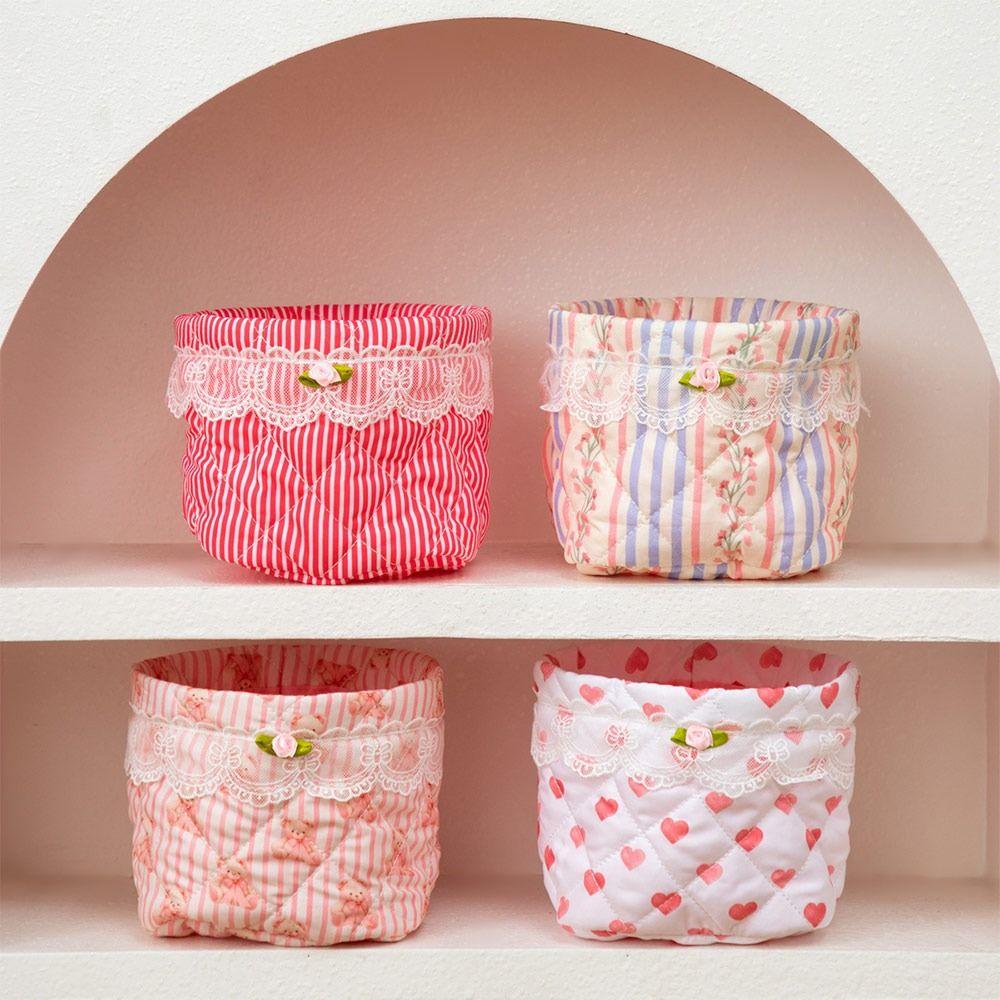 Soft Touch Quilting Cotton Desktop Storage Basket Lace Bowknot Decor Large-capacity Round Organizer Storage Container Home