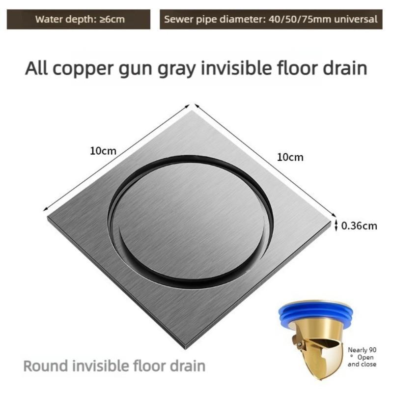 Gun Gray All Copper Anti Odor Bathroom Shower Room Sewer Invisible Floor Drain Washing Machine Toilet Drainage Device