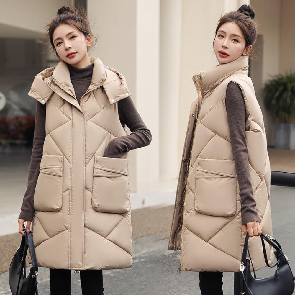 Winter new medium and long large pocket vest thickened hooded vest jacket cotton vest women's trend