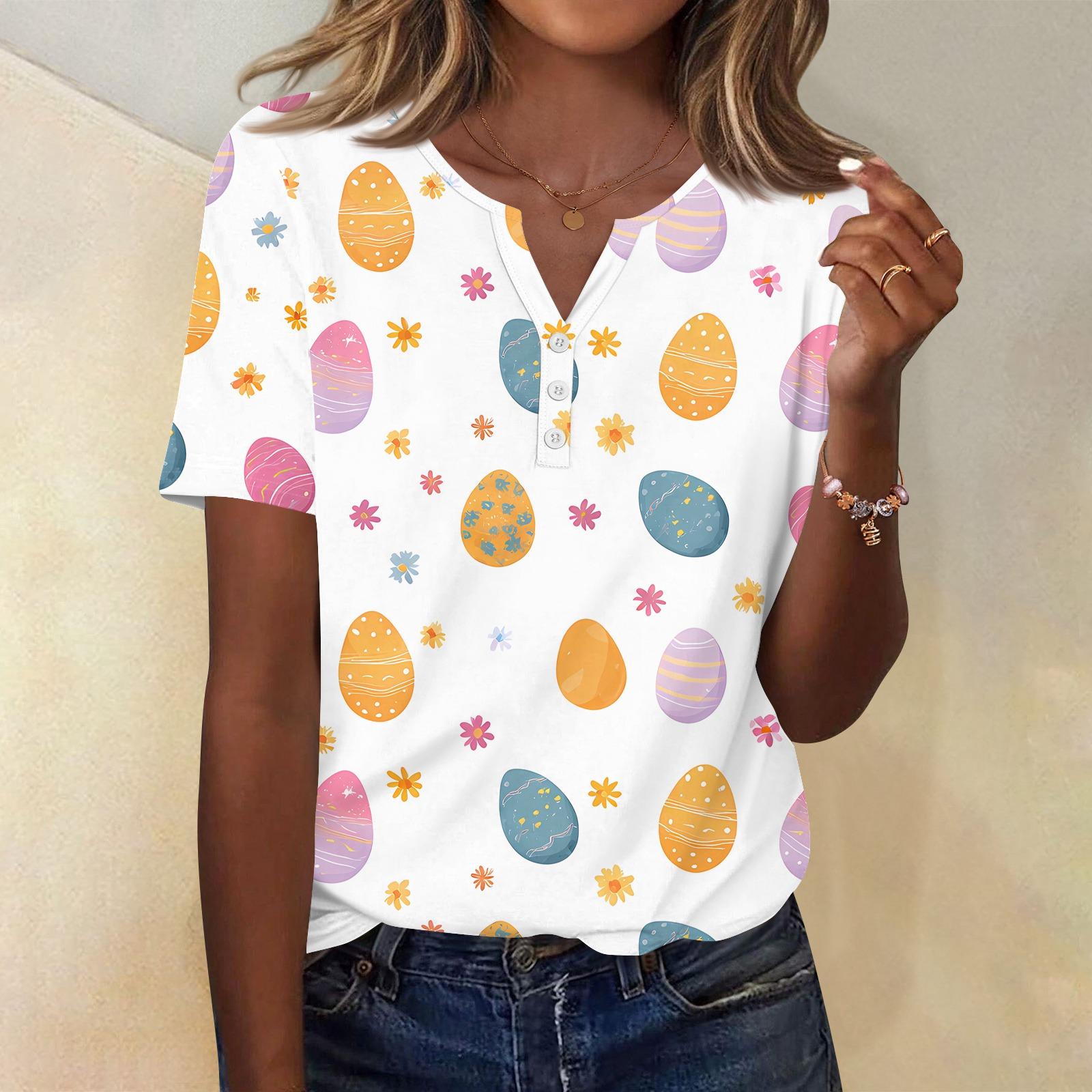 

Жіноча футболка з принтом і ґудзиком, з коротким рукавом, щоденна мода на вихідні, базовий V-подібний виріз, звичайний топ XL білий