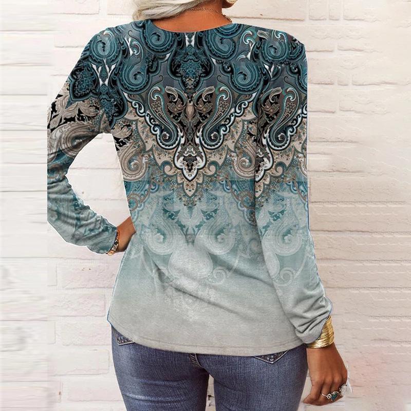 2023 Autumn/Winter European & American Women's Long-Sleeve Ethnic Print Fashion T-Shirt