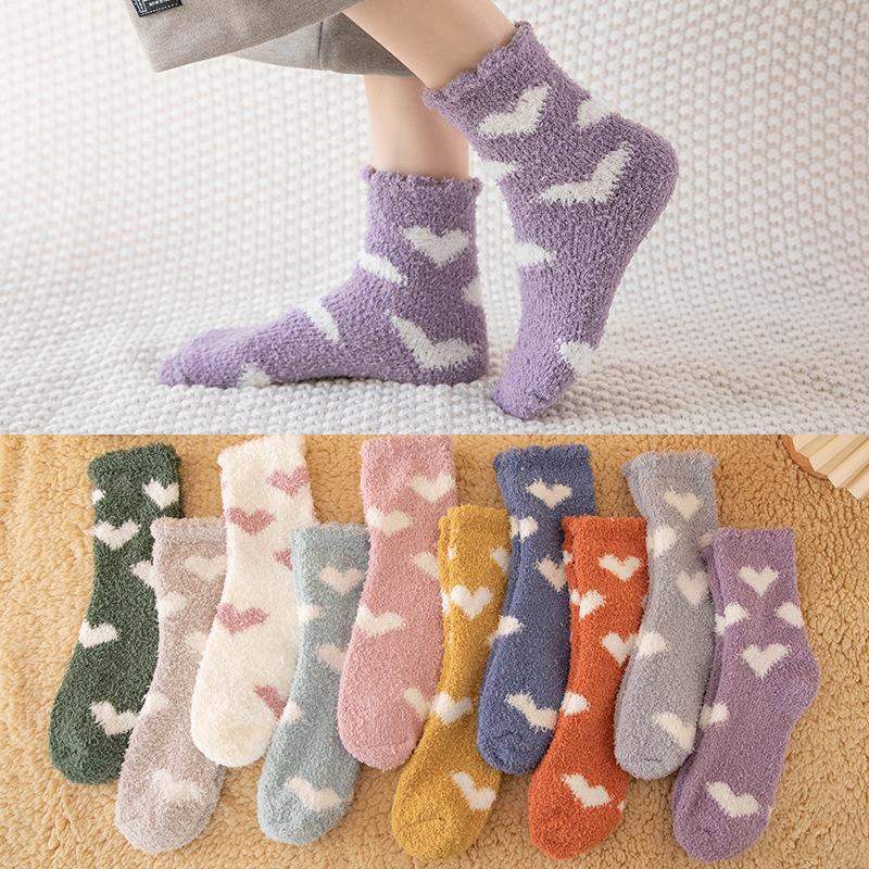 Women's Winter Fleece-Lined Heart Terry Floor Socks - Extra Thick, Non-Shedding, Mid-Calf Style