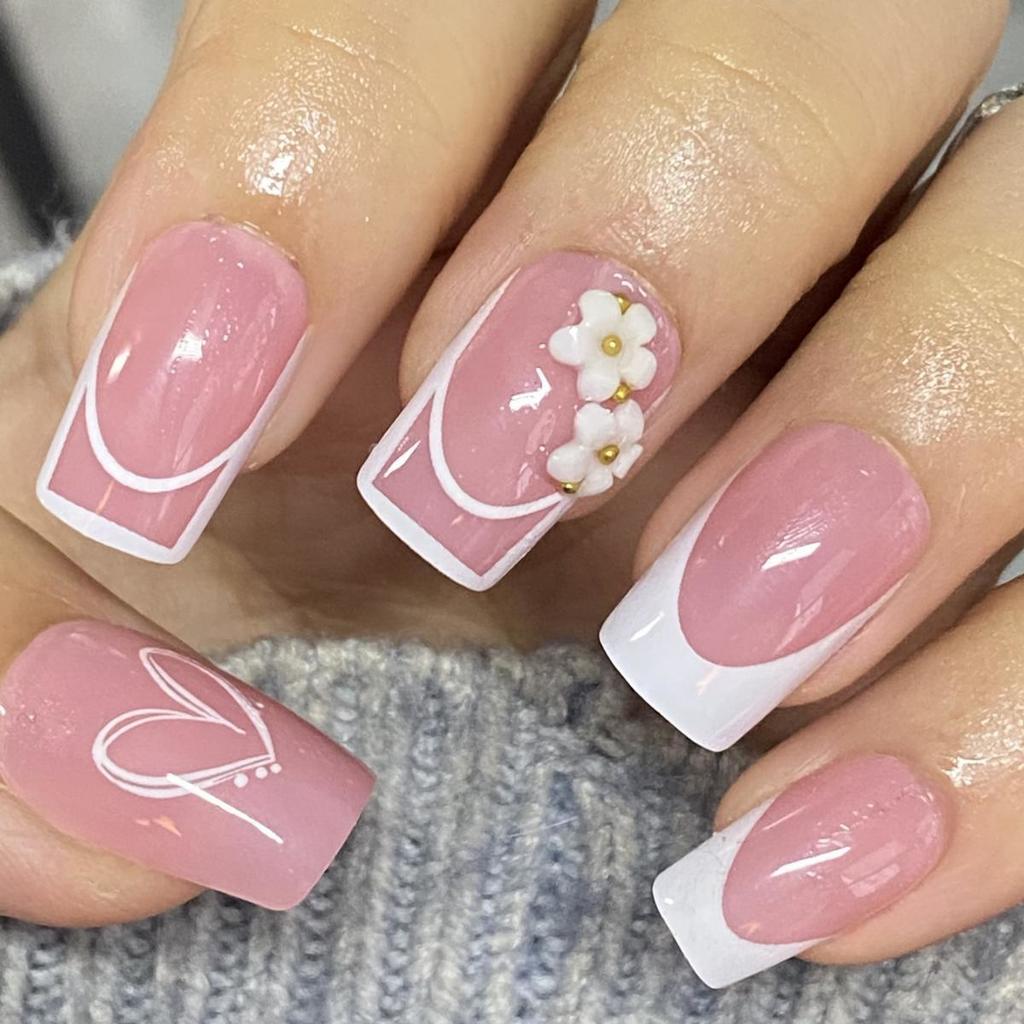 Short European Square Manicure Wearing White French Ins Small Clear Fresh Air Small Flower Love Valentine'S Day Sticker White