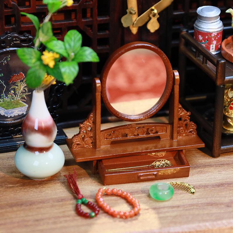 1Set Dollhouse Miniature Wooden Vanity Table + Jewelry Set With Mirror Makeup Dressing Table For Bedroom