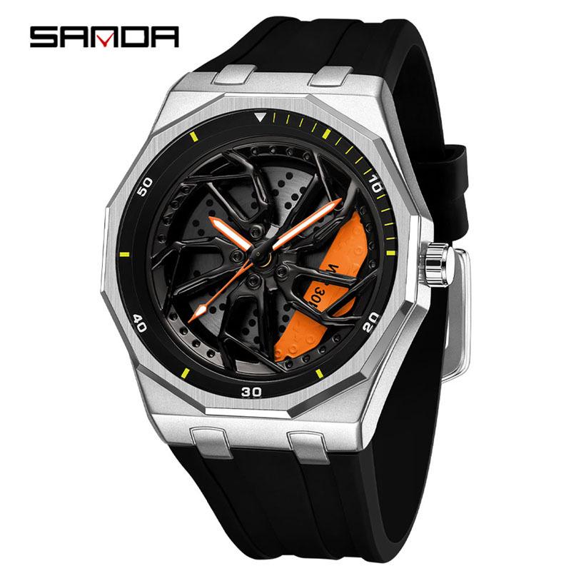 Sanda Brand Men's 360° Rotating Wheel Hubcap Design Quartz Watch Fashion Sports Silicone Waterproof For Daily Wear Hollow Watch